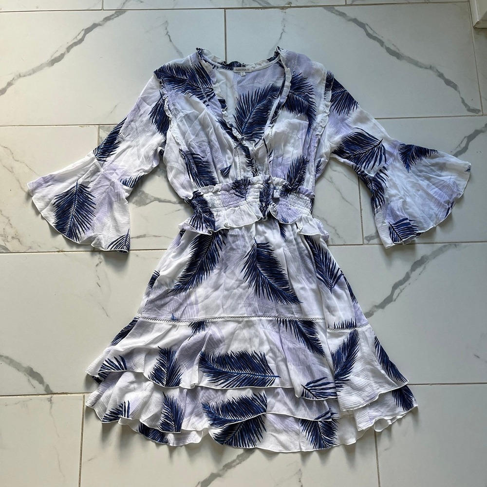 Poupette St Barth Feather Print Smocked Tunic XS Blue White